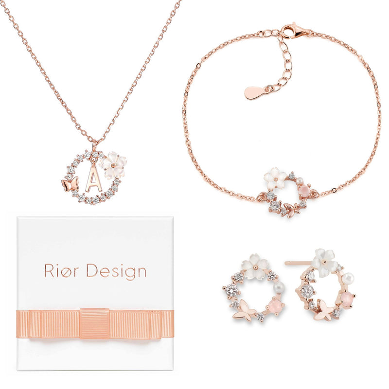 Letter Necklace, Flower Earrings and Bracelet Bundle