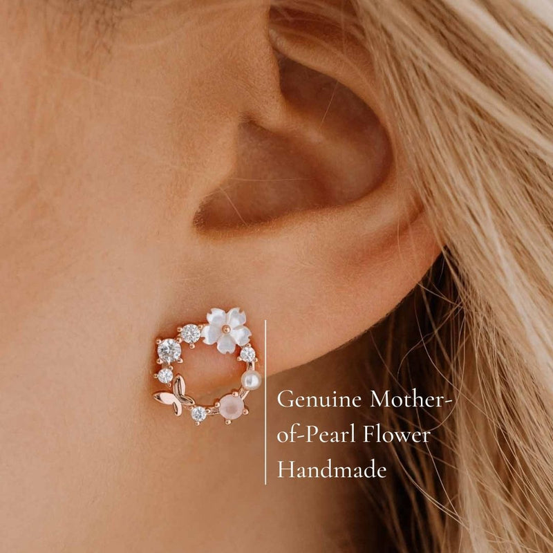 White Spring Flower Earrings Rose Gold