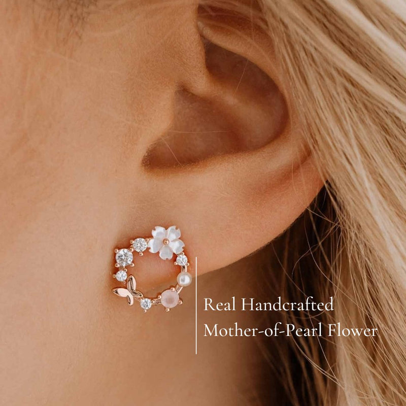 White Spring Flower Earrings Rose Gold