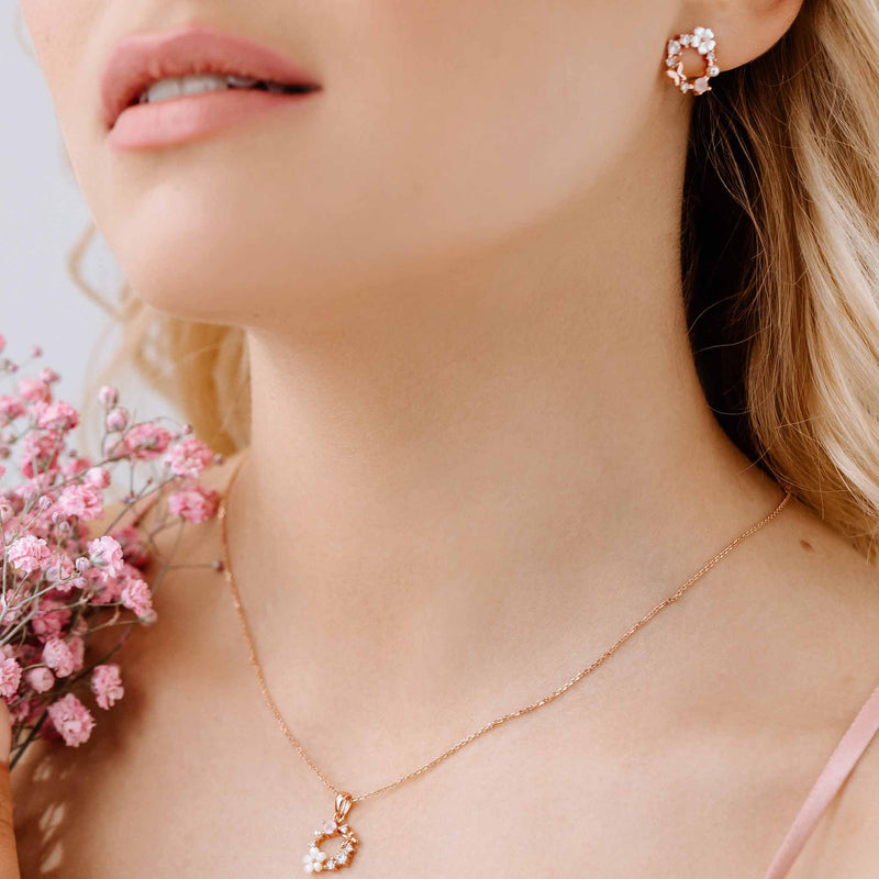 White Spring Flower Earrings Rose Gold