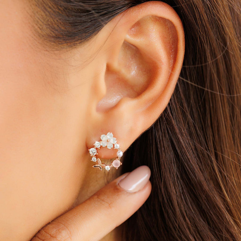 White Spring Flower Earrings Rose Gold
