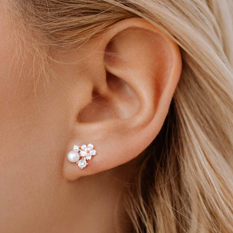 White Blossom Earrings Rose Gold