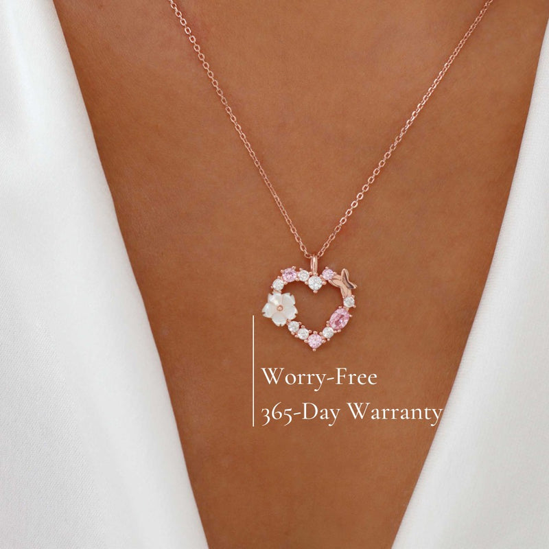 Heart Necklace, Flower Earrings Bundle