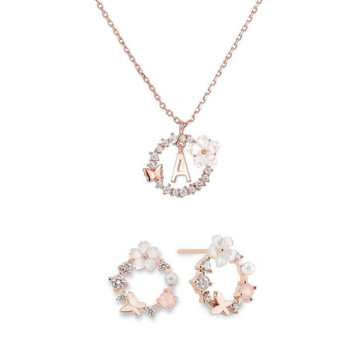 Letter Necklace, Flower Earrings Bundle