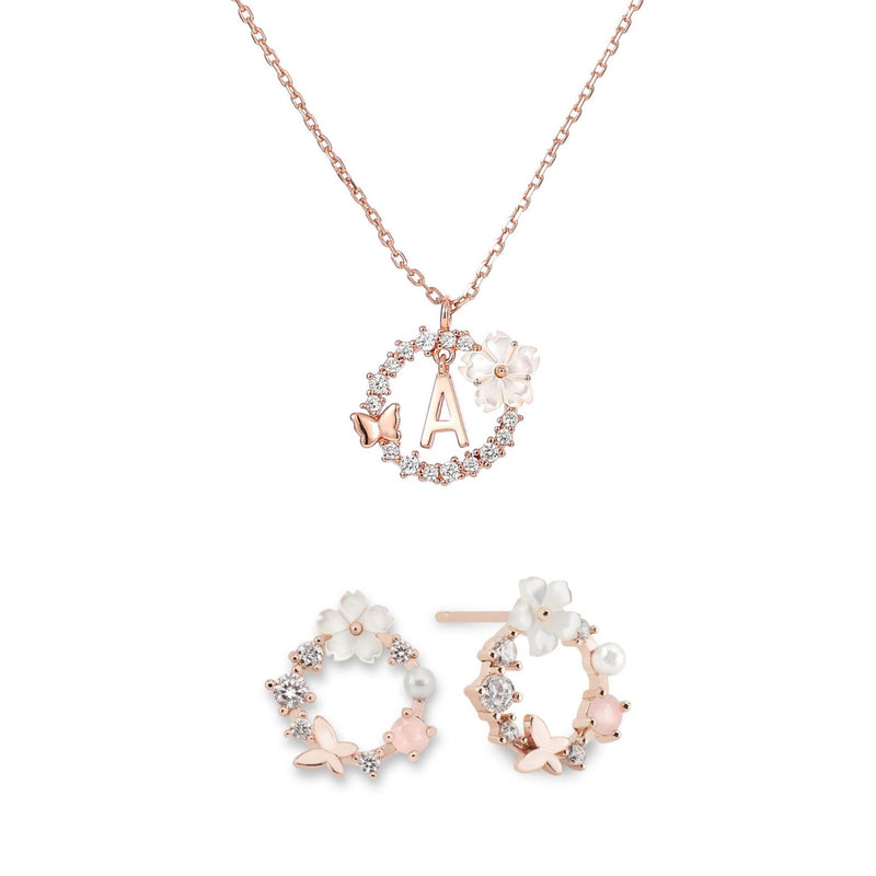 Letter Necklace, Flower Earrings Bundle