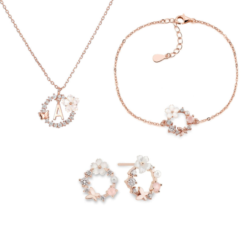 Letter Necklace, Flower Earrings and Bracelet Bundle