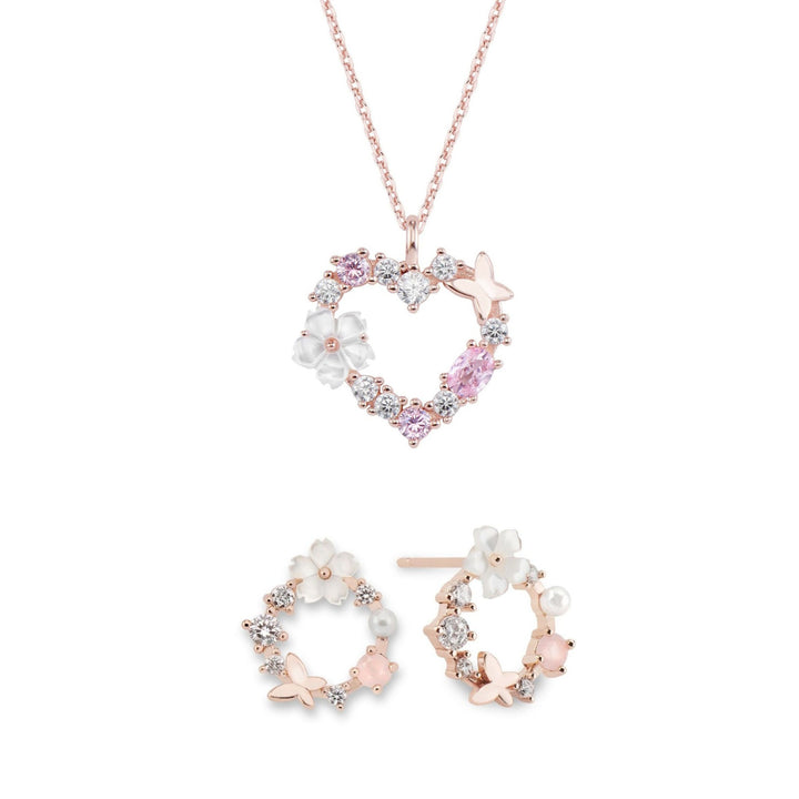 Heart Necklace, Flower Earrings Bundle