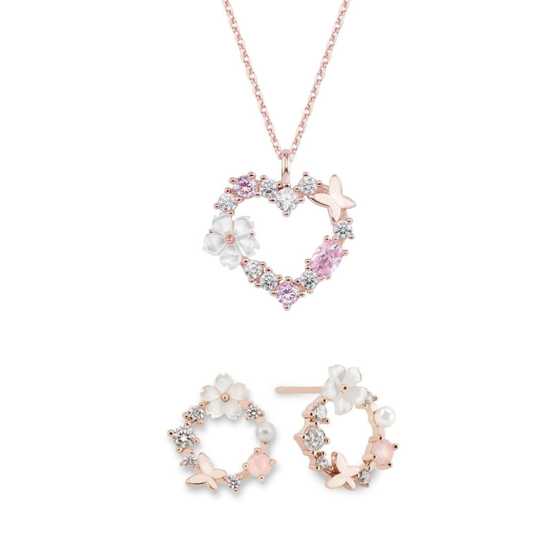 Heart Necklace, Flower Earrings Bundle